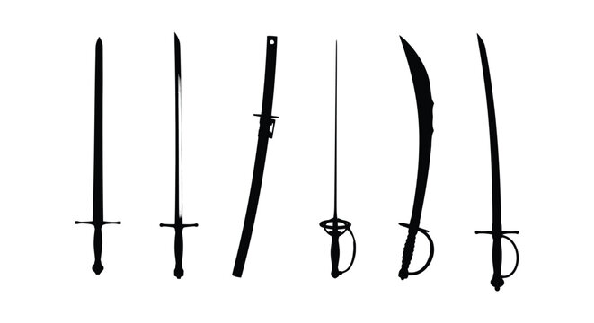 Variety Of Swords Silhouette Collection Black And White Graphic