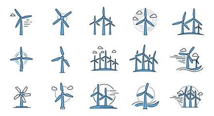 Wind Turbine Illustrations Blue Line Art On White Background © Sonia512