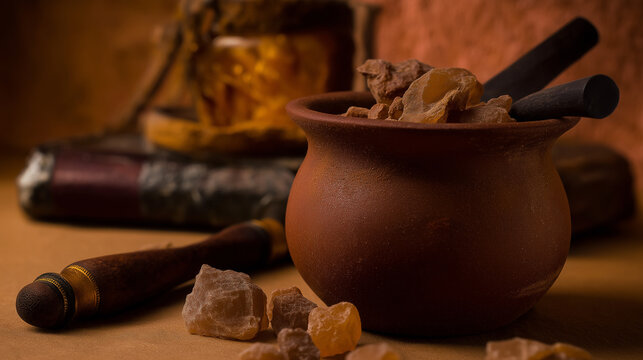 frankincense. Ancient terracotta pot containing resin pieces with grinding tools, warm lighting. event programs, museum guides, designed for cultural heritage projects and event programs.
