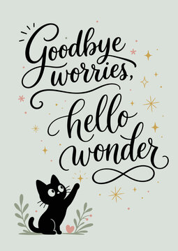 Black cat goodbye worries hello wonder greeting vector card