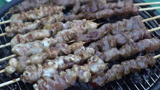 Grilled meat skewers sizzle on a hot grill. Browning pieces of meat cook evenly over charcoal. Smoke rises gently from the cooking surface. Food looks delicious and freshly prepared