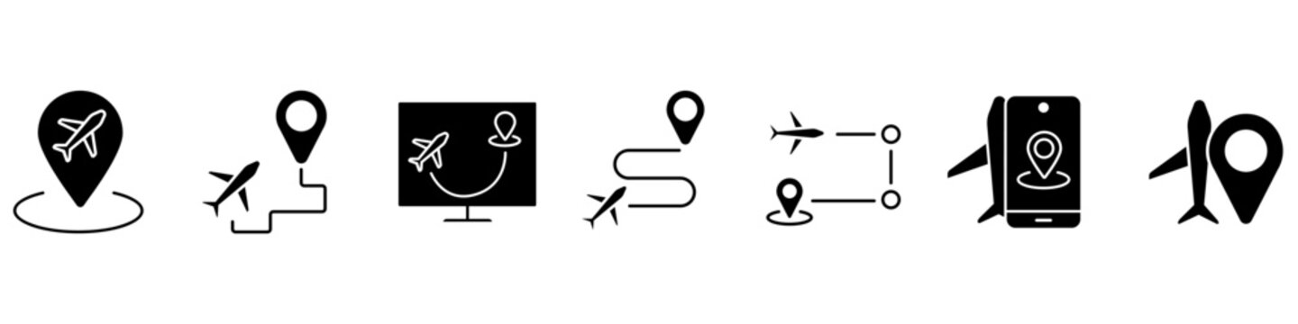 Airplane route icon vector set. Flight path illustration sign collection. Aviation navigation symbol. Aircraft travel line logo or mark.
