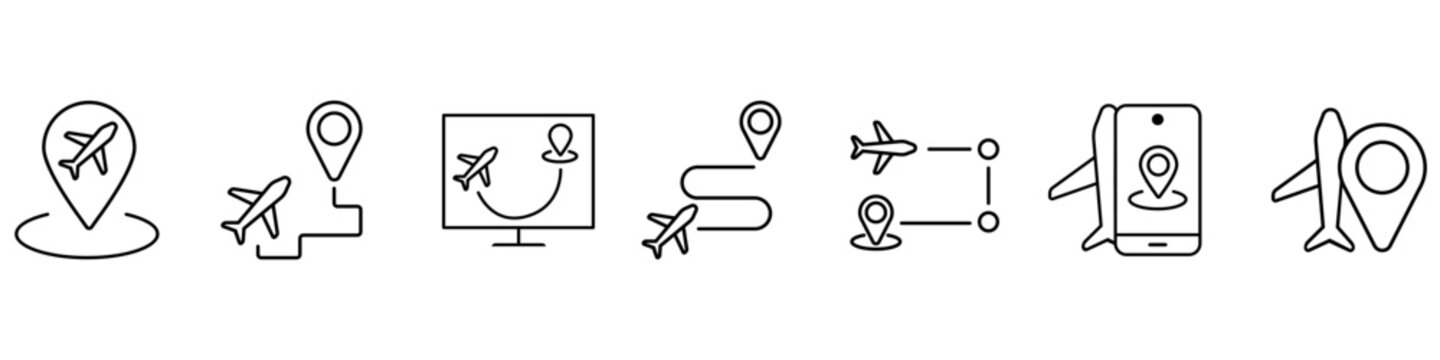 Airplane route icon vector set. Flight path illustration sign collection. Aviation navigation symbol. Aircraft travel line logo or mark.