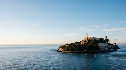 Obraz premium Historic island prison surrounded by blue water under clear sky