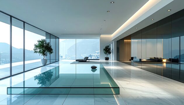 Contemporary indoor swimming pool with expansive floor windows.