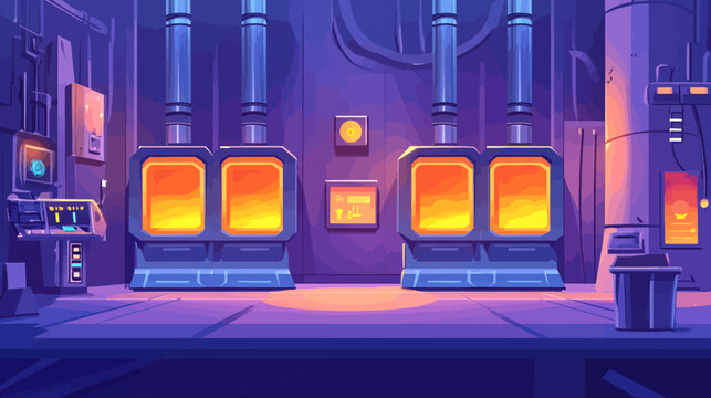 Futuristic industrial chamber with glowing circular pods, suspended conduits, and a central interface terminal emitting ambient light in monochromatic violet hues