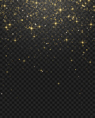 Naklejka na ściany i meble Shiny gold sparkle glistering confetti for Christmas decoration. Gold confetti dust falling png. Vector gold glitter particles effect and texture. Stardust amber particles on transparent background.
