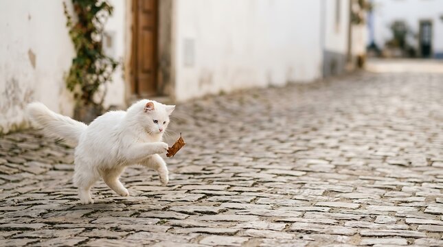 Playful white cat catching a dry leaf on a cobblestone street