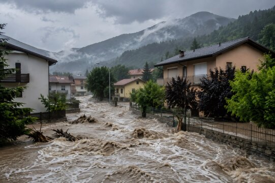 Raging river flooding town with houses and mountains