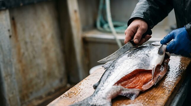 Close up of a worker filleting fresh wild salmon on a boat deck