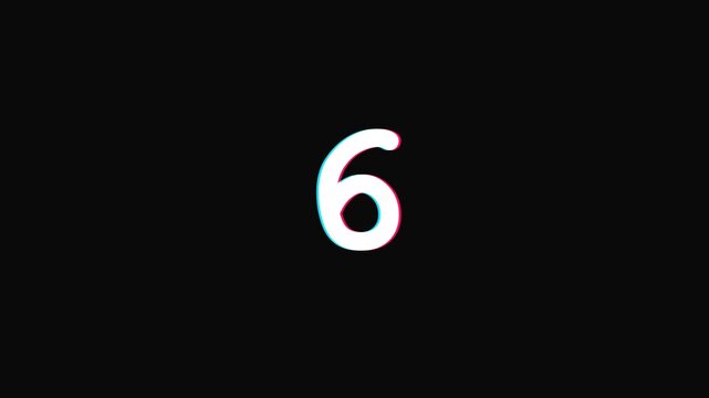 Countdown timer featuring hand drawn shaky numbers from 10 to 1 with floating colorful geometric shapes and glitch effect on black background.
