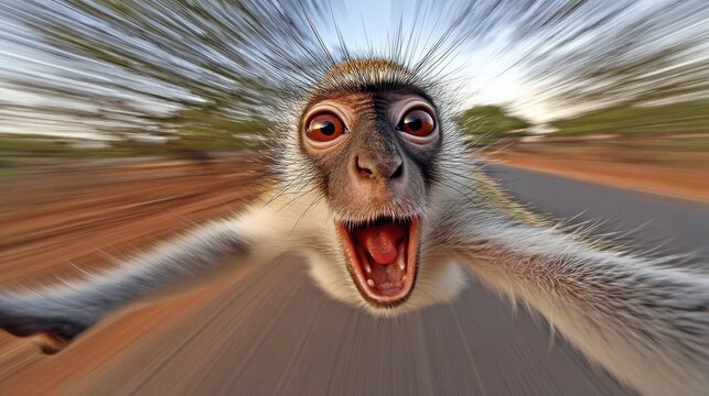 Monkey Self Portrait Screaming with Wide Eyes on Roadway in Zoom Effect
