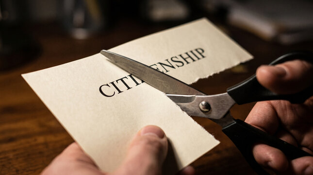 Revoke citizenship concept with hands cutting a paper document