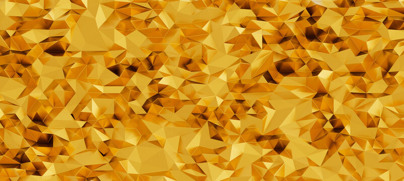 Golden geometric abstract background texture with triangular facets and reflections