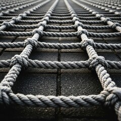 Fototapeta premium Close-up of a tightly knotted rope net forming a grid pattern