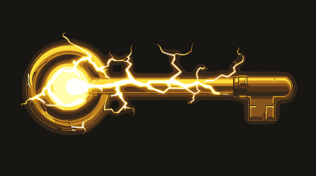 Stylized golden key with vibrant lightning effect, intricate details, high contrast against black background