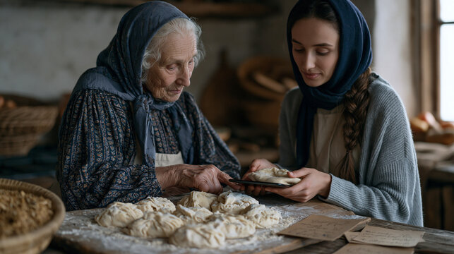Grandmother in modest rural kitchen dictating generations-old dumpling recipe to adult granddaughter who photographs each folding step on a tablet, flour-dusted wooden board,