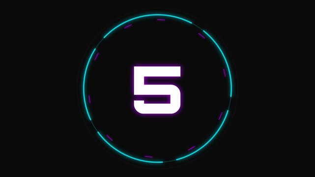 Digital HUD countdown timer glowing numbers 10 to 1 with cyan neon circular ring animation on black background for techno intro