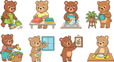 Fototapeta premium Cute Cartoon Bear Housework Character Set with Home Cleaning Chores and Daily Housekeeping Illustrations
