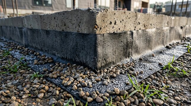 Close up of a concrete building foundation corner with gravel landscaping.