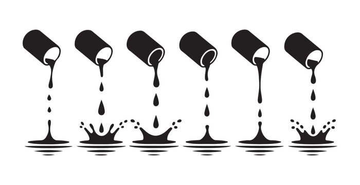 Set of black silhouette drops and splashes pouring from cans with various liquid forms.