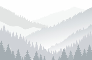 Fototapeta premium Black Pine Forest Silhouette Overlapping Misty Mountain Layers During Dusk