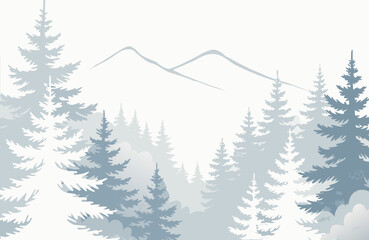 Fototapeta premium Misty evergreen forest with soft mountain silhouettes during a serene winter morning