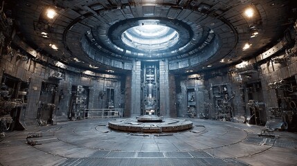 Obraz premium Interior view of an advanced tokamak nuclear fusion reactor, equipped with a complex magnetic confinement system, superconducting coils, and plasma confinement walls. (This refers to the experimental 