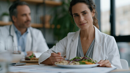 Fototapeta premium Nutrition consultation between a registered sports dietitian and female endurance athlete, a detailed meal plan spread across a clinic table alongside blood work results,