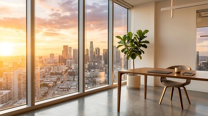 Plakat Modern office interior with city skyline view during sunset