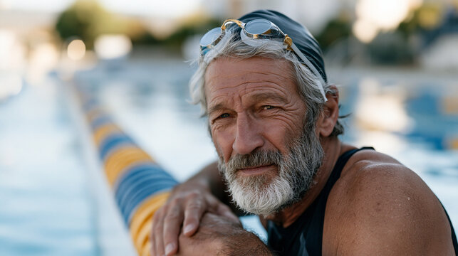 Senior male swimmer grips the lane divider at the end of a pool, catching his breath after an interval set, swim cap pushed back, goggle marks around his eyes, masters swimming