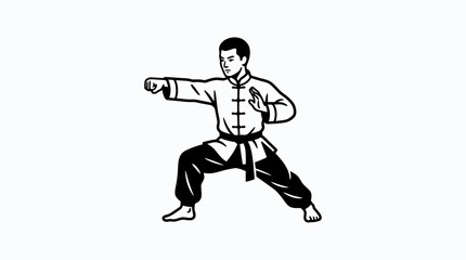 Fototapeta premium Martial Arts Fighter Performing Kung Fu Stance, Black and White Illustration