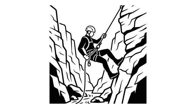 Man rappelling down a steep rocky canyon with a river below, adventure sport