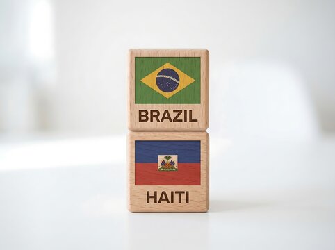 Brazil and Haiti flags on wooden blocks