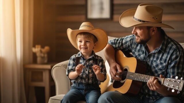 Cowboy hat wearing man plays guitar, boy claps happily beside