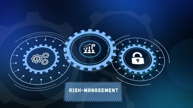 Interactive risk management panel visualizing potential threat mitigation and portfolio security using mechanical cog designs.