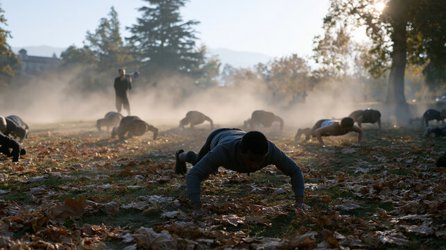 Outdoor fitness bootcamp participants perform burpees on a public park lawn covered in fallen autumn leaves, a certified trainer calling reps through a megaphone, early morning