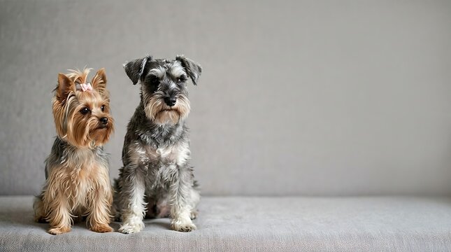 Yorkshire terrier and miniature schnauzer sitting on a grey couch