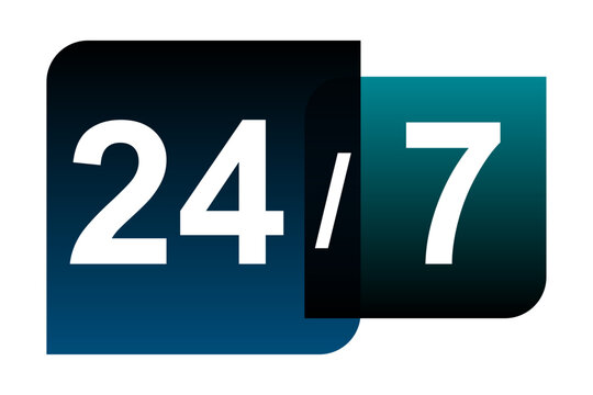 247 service icon, twenty four hours and seven days a week availability sign, round the clock support concept