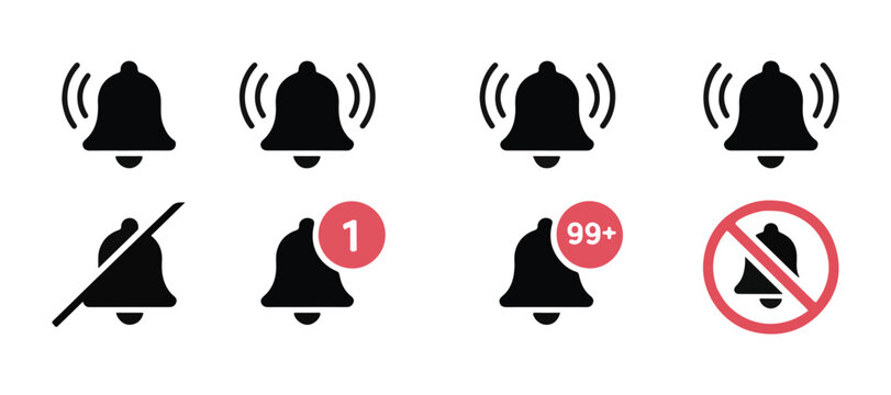 Ringing notification bells, silent bell, and bells with unread message counts. attention symbol.