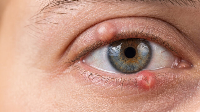 A macro eye portrait showing chalazion and stye symptoms, medical anatomy for boils and abscesses concept and ophthalmology