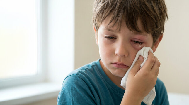 A child with swollen red eyelid infection and teardrop with tissue, clinical eye care portrait for boils and abscesses concept education