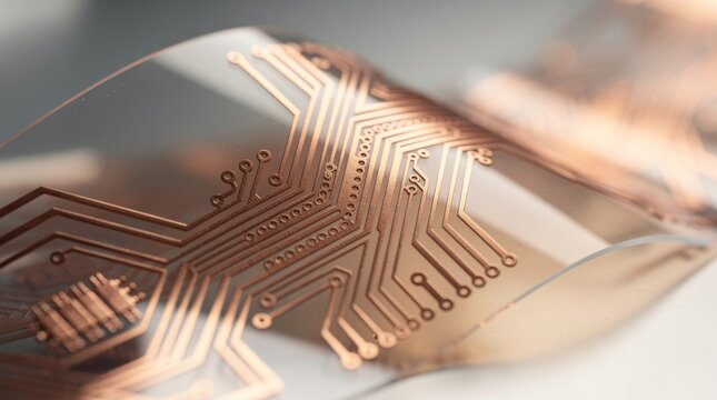 Flexible Printed Circuit Board Close-Up with Copper Traces and High-Tech Design on Light Background for Electronics and Innovation Concepts