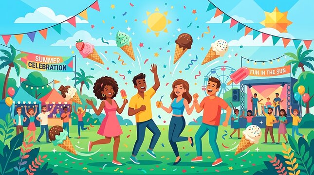 Festive summer celebration with ice cream and dancing outdoors
