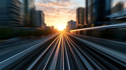 Obraz premium Dynamic transportation scene captured during a golden sunset showcasing a futuristic and efficient journey
