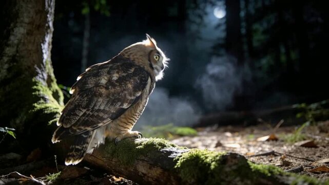 Majestic Owl Perched on Forest Floor with Sunlight Streaming Through Trees