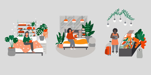 Three Interior Scenes With People And Plants Flat Vector Illustration © Bablu