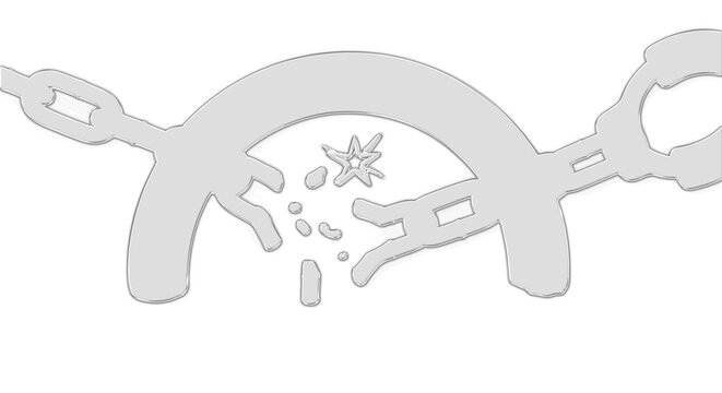 A broken handcuff lies on a flat surface with a marijuana leaf and pieces nearby.