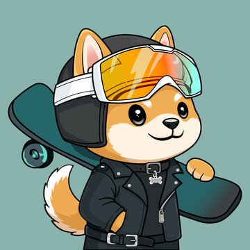 A cartoon Shiba Inu dog wearing goggles and a leather jacket rides a skateboard outdoors. A Shiba Inu dog in a leather jacket and goggles holds a skateboard. Shiba, Inu, Skateboard, Goggles, Jacket