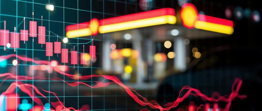 Charts of the stock market with a background gas station. idea of fuel prices.
